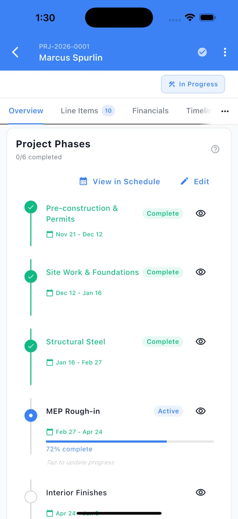 JobSiteCore project phases timeline with completed and active stages and progress bars